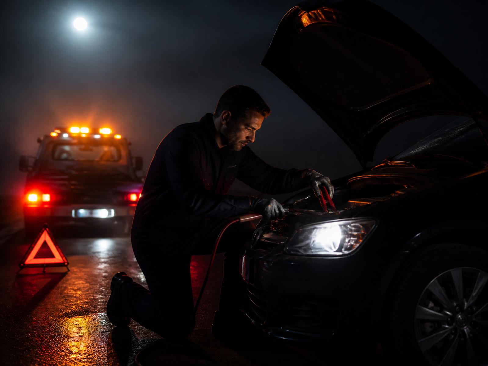 Roadside technician jump-starting a vehicle at night with tow truck lights in the background